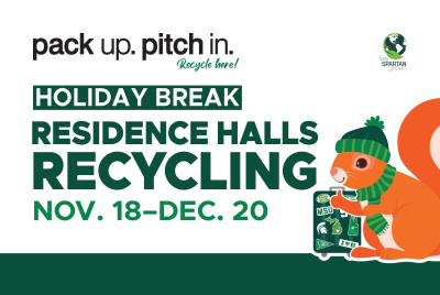 Graphic showing brown squirrel and MSU suitcase with text, "Pack up, pitch in. Holiday break residence halls recycling Nov. 18 - Dec. 20"