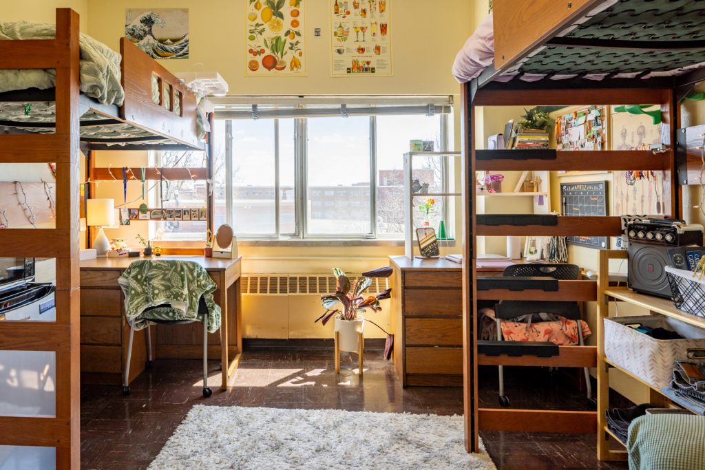 A bright residence hall room is arranged with two lofted wooden beds on opposite sides and desks positioned beneath them. Sunlight streams through a large central window overlooking campus buildings. The room includes shelves, storage drawers, plants, framed artwork, string lights, a white area rug, and personalized decorations throughout. The layout creates an open shared living space with study areas, organized storage, and comfortable seating.
