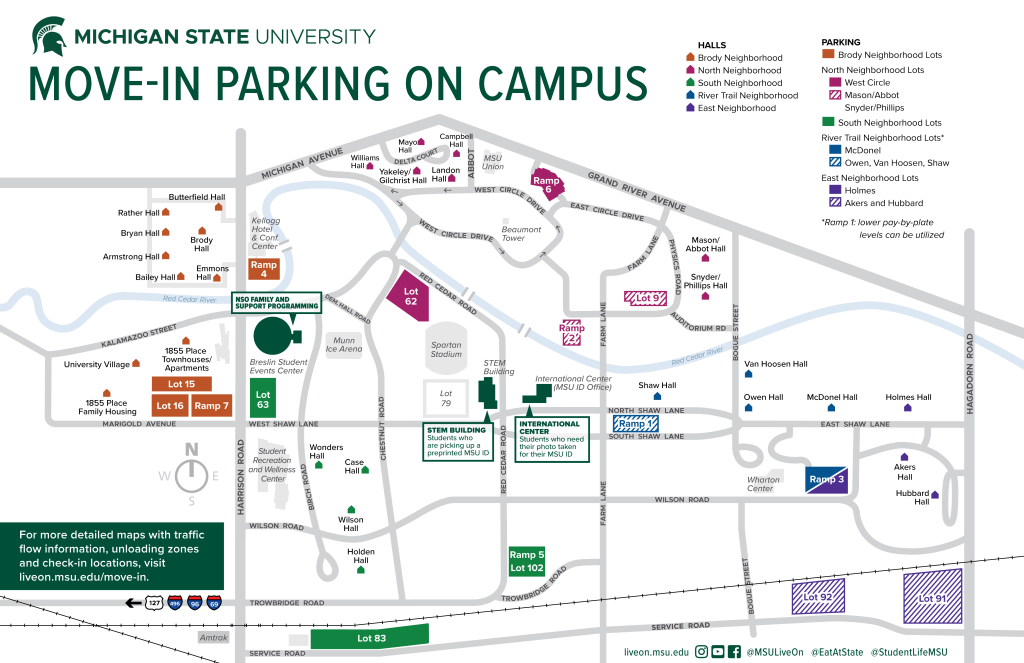 Campus map titled “Michigan State University Move-In Parking on Campus” showing residence hall locations, designated move-in parking areas, and important student service locations across campus. Residence halls are color-coded by neighborhood: Brody, North, South, River Trail, and East. Parking locations are highlighted and include Ramp 4, Ramp 7, Lots 15 and 16 (Brody area); Ramp 6 and Lot 62 (North Neighborhood); Lot 63, Lot 83, and Ramp 5/Lot 102 (South Neighborhood); Ramp 3, Lots 91 and 92, and Ramp 1 (River Trail/East Neighborhood); and Ramp 2 and Lot 91 for Mason/Abbot and Snyder/Phillips residents. Halls labeled include Brody, Butterfield, Bryan, Rather, Armstrong, Bailey, Emmons, Campbell, Mayo, Williams, Landon, Yakely/Gilchrist, Mason/Abbot, Snyder/Phillips, Case, Wilson, Wonders, Holden, Shaw, Owen, Van Hoosen, McDonel, Holmes, Akers, and Hubbard. Major landmarks shown include the MSU Union, Beaumont Tower, Spartan Stadium, Breslin Student Events Center, Wharton Center, Munn Ice Arena, STEM Building, International Center (MSU ID Office), Kellogg Hotel & Conference Center, and the Red Cedar River. Informational callouts identify the STEM Building as the location for reprinting MSU IDs, the International Center for student ID photos, and Family and Support Programming near Breslin. A note directs viewers to liveon.msu.edu/move-in for detailed traffic flow, unloading zone, and check-in maps.