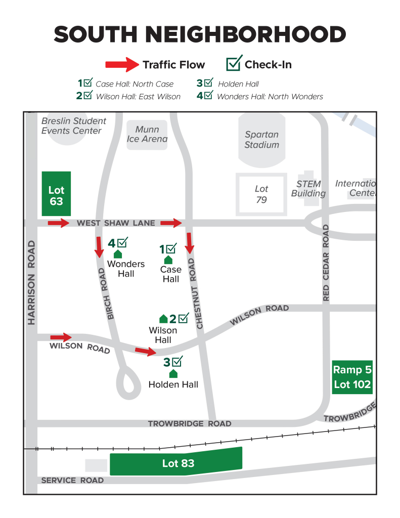 Map titled “South Neighborhood” showing move-in traffic flow and residence hall check-in locations. Four check-in sites are marked: Case Hall (North Case, Location 1), Wilson Hall (East Wilson, Location 2), Holden Hall (Location 3), and Wonders Hall (North Wonders, Location 4). Red arrows indicate one-way traffic routes entering from Harrison Road and West Shaw Lane, then directing vehicles toward Birch Road, Chestnut Road, Wilson Road, and the residence halls. Nearby landmarks include Breslin Student Events Center, Munn Ice Arena, Spartan Stadium, the STEM Building, and the International Center. Parking locations shown include Lot 63, Lot 79, Lot 83, and Ramp 5/Lot 102. Major roads labeled on the map include Harrison Road, West Shaw Lane, Wilson Road, Chestnut Road, Birch Road, Red Cedar Road, Trowbridge Road, and Service Road. The map highlights the designated move-in routes and check-in locations for South Neighborhood residents.