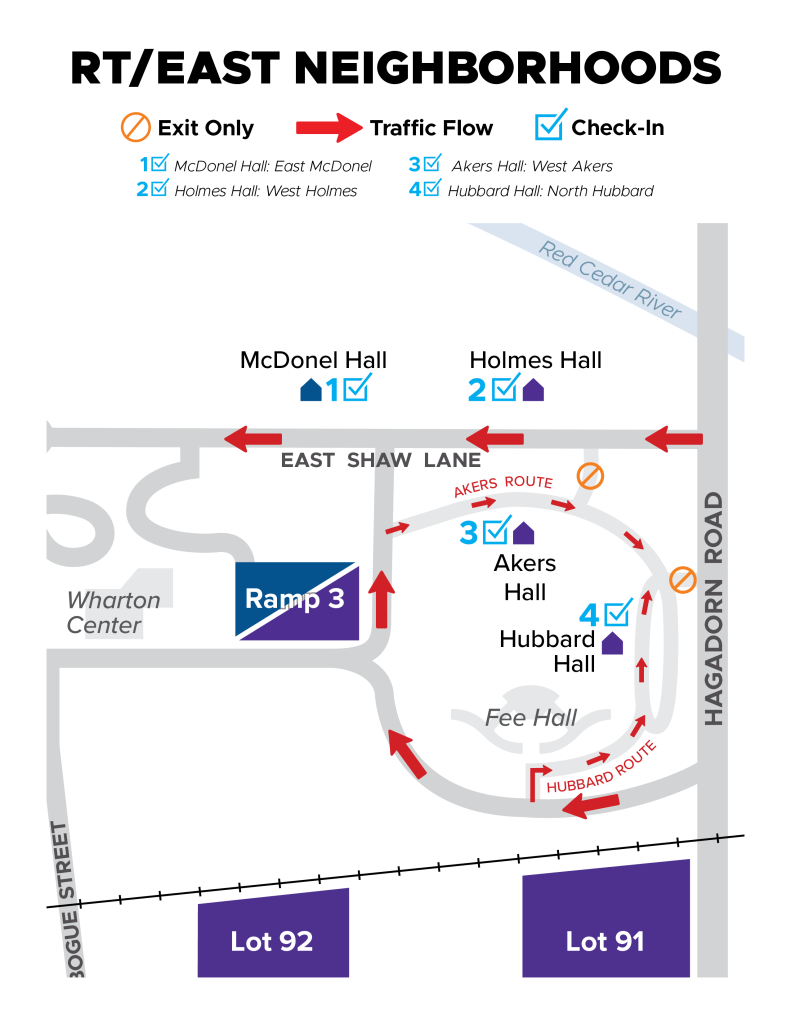Graphic map of driving directions to unloading zones for East Neighborhood and McDonel Hall.