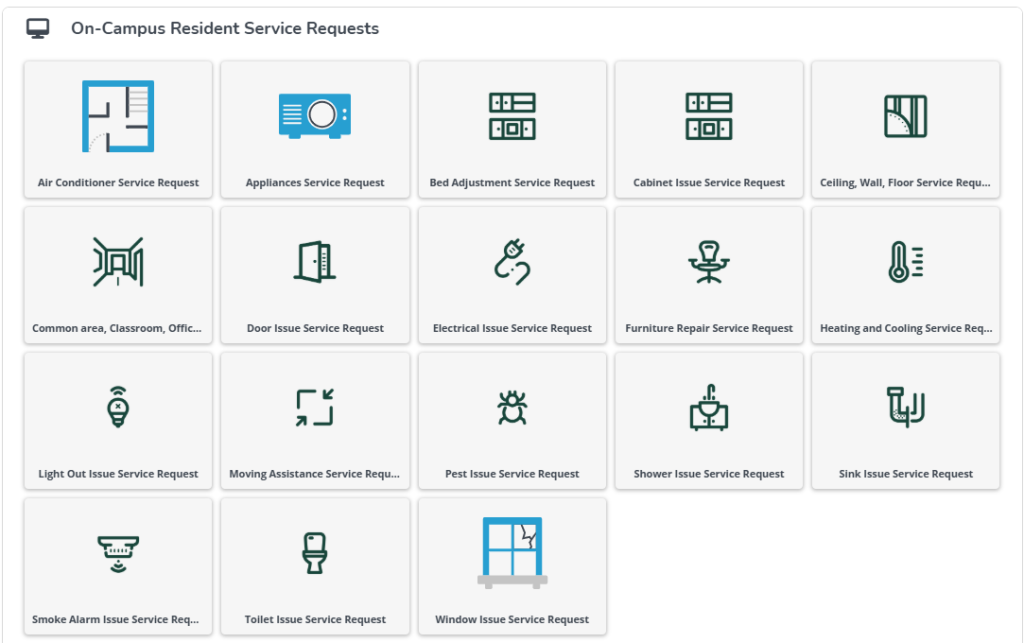 Screenshot of the On-Campus Resident Service Requests section of the Maintenance Request system