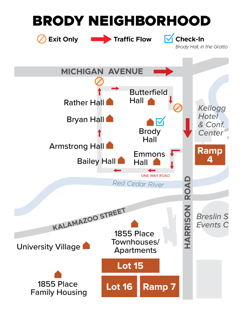 Graphic map of Brody Neighborhood that shows how to drive to entrance for unloading and to long-term parking.