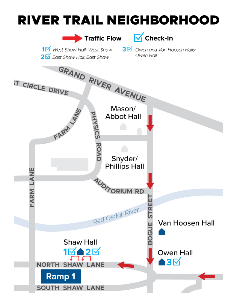 Graphic map for Owen, Shaw and Van Hoosen, showing driving directions to entrances and unloading zones, and long-term parking.