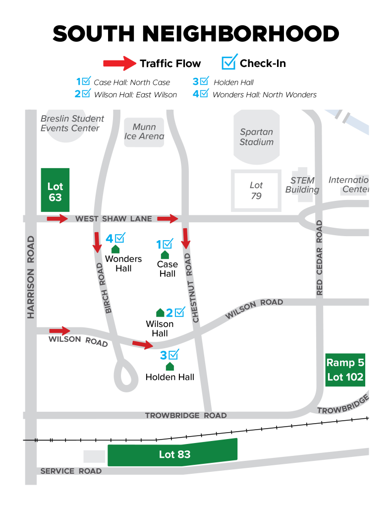 Graphic map of South Neighborhood showing where vehicles should navigate for unloading and where long-term parking is located.