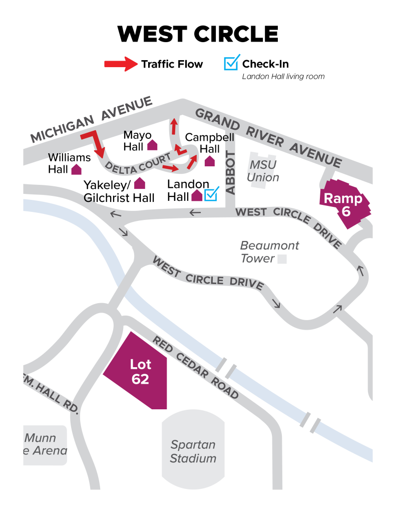 Graphic map of neighborhood showing how to navigate to entrance and unloading zone and where long-term parking is located.